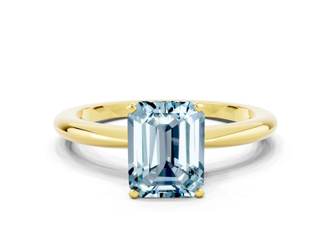 Yellow gold Emerald Cut Aquamarine Solitaire Ring with Six-Prong Setting and Classic Band