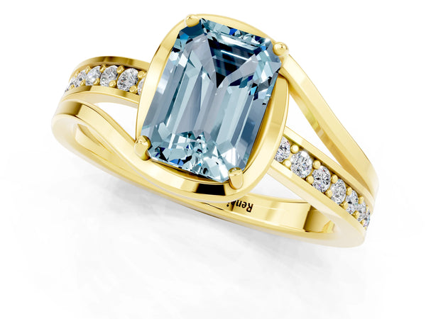 Yellow gold Emerald Cut Aquamarine Solitaire Ring with Split Shank and Prong Setting