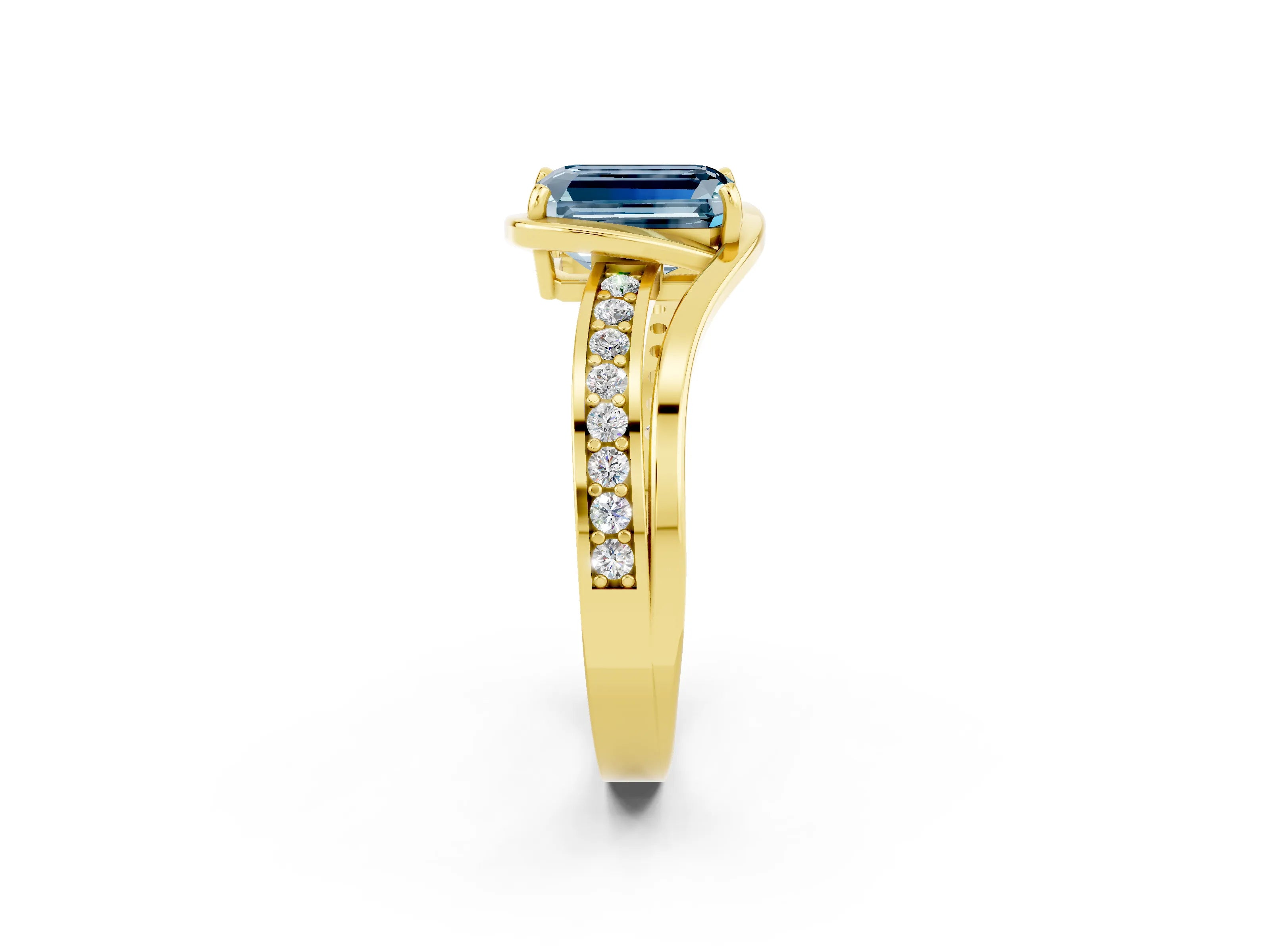 Yellow gold Emerald Cut Aquamarine Solitaire Ring with Split Shank and Prong Setting_2