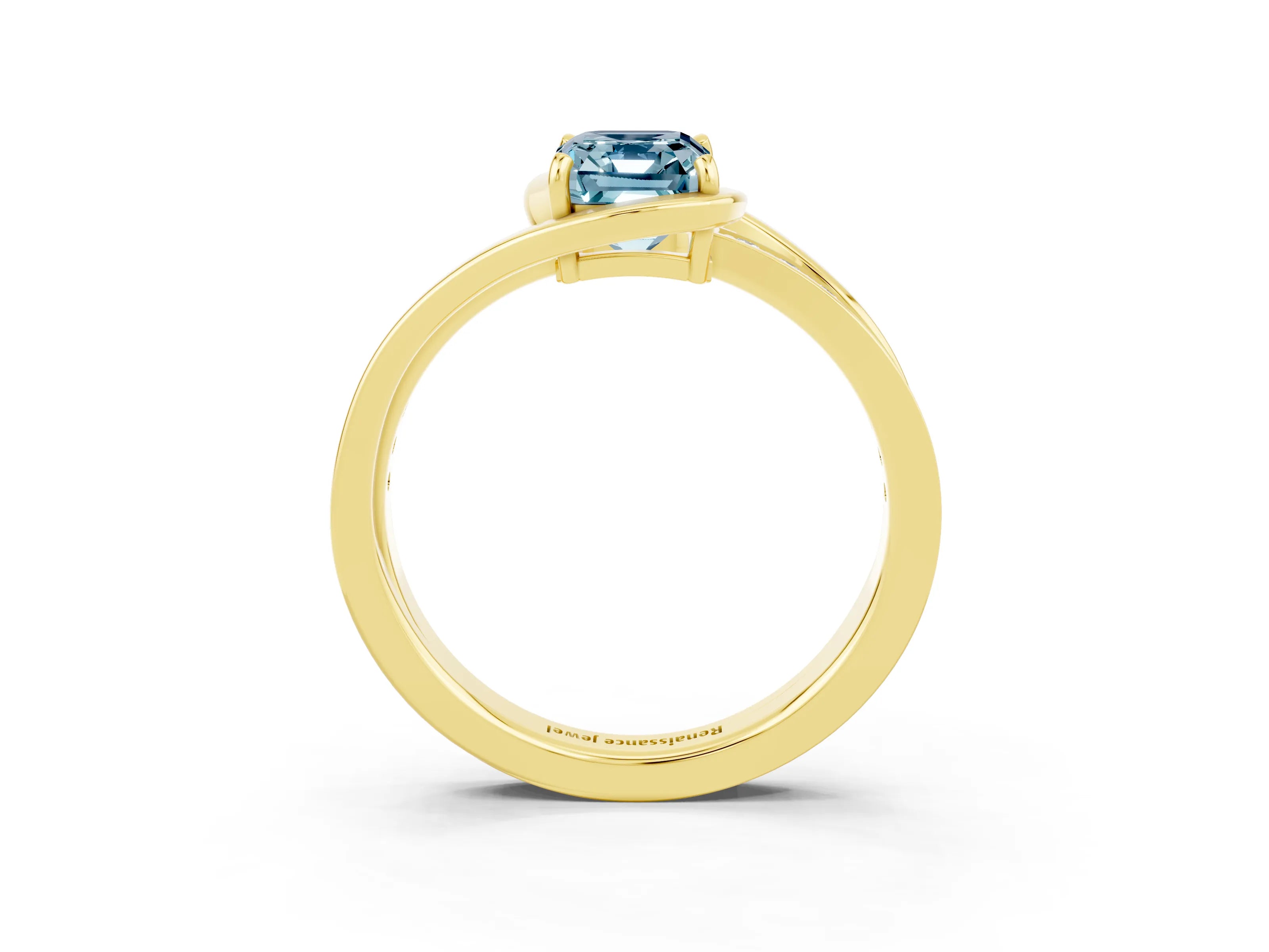 Yellow gold Emerald Cut Aquamarine Solitaire Ring with Split Shank and Prong Setting_3