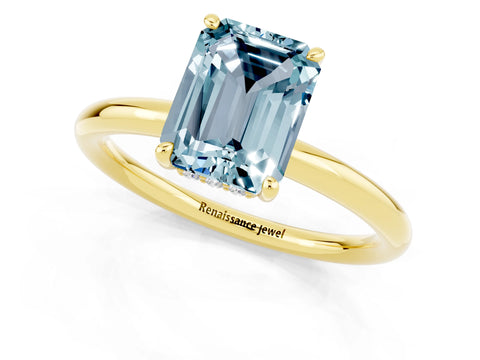 Yellow gold Emerald Cut Aquamarine Solitaire Ring with Thin Band and Four-Prong Setting_13