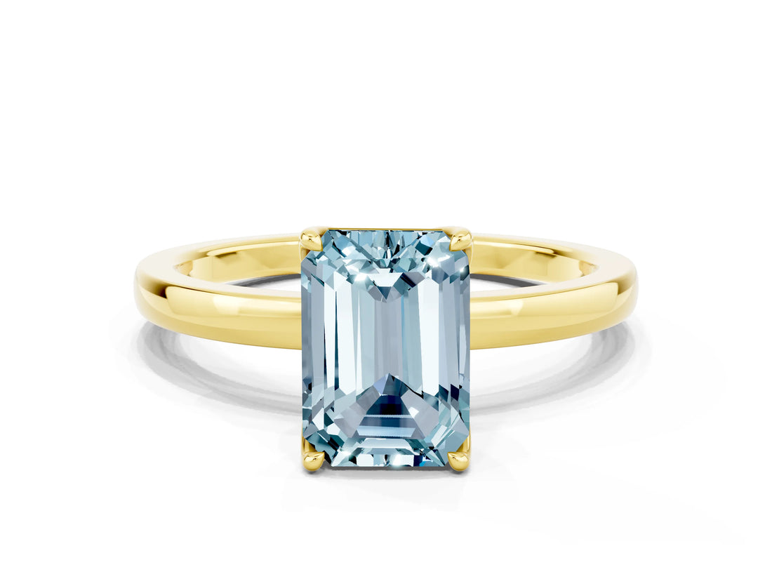 Yellow gold Emerald Cut Aquamarine Solitaire Ring with Thin Band and Prong Setting_12