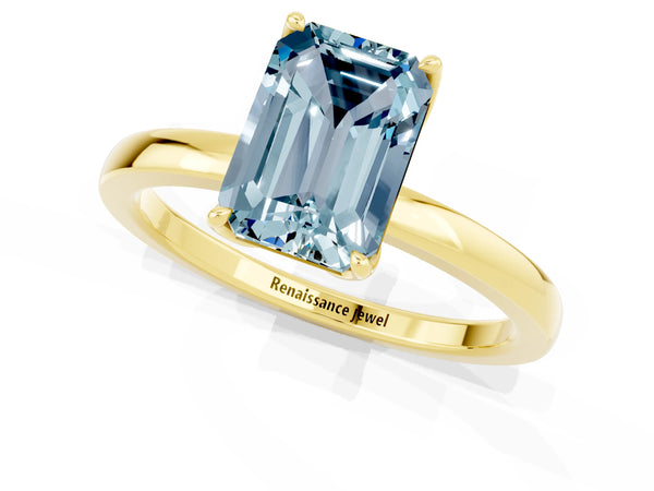 Yellow gold Emerald Cut Aquamarine Solitaire Ring with Thin Band and Prong Setting