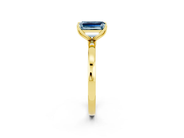 Yellow Gold Emerald Cut Aquamarine Solitaire Engagement Ring with Thin Plain Band and Open Basket