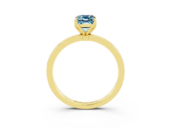 Yellow Gold Emerald Cut Aquamarine Solitaire Engagement Ring with Thin Plain Band and Open Basket