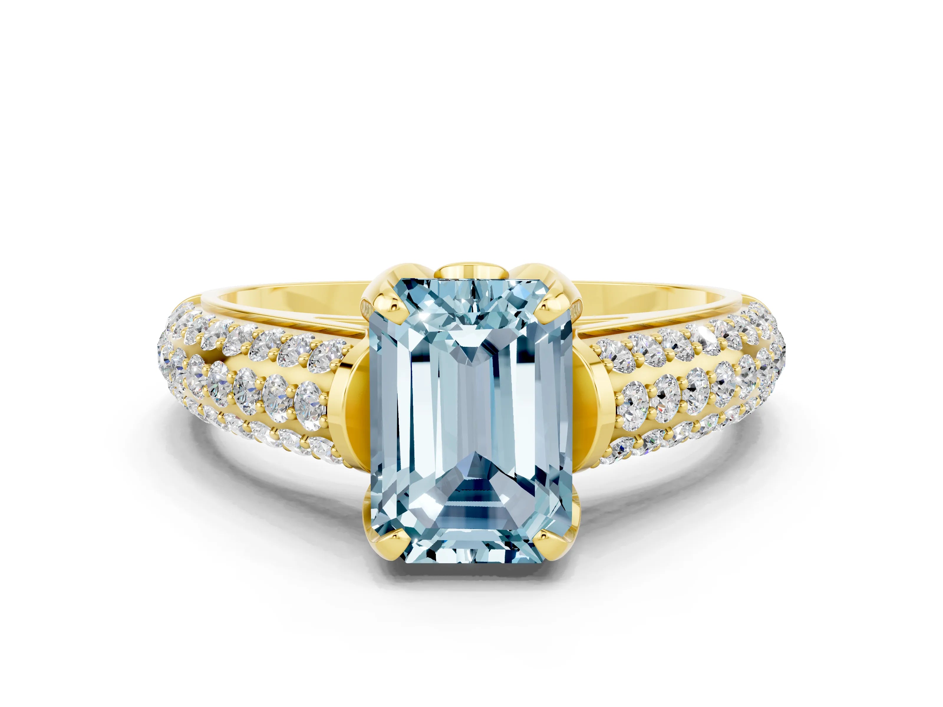 Yellow gold Emerald Cut Aquamarine Solitaire Ring with Three-Row Pavé Band and Four-Prong Setting_12