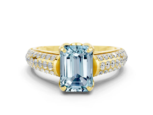 Yellow gold Emerald Cut Aquamarine Solitaire Ring with Three-Row Pavé Band and Four-Prong Setting