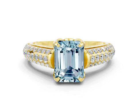 Yellow gold Emerald Cut Aquamarine Solitaire Ring with Three-Row Pavé Band and Four-Prong Setting_12