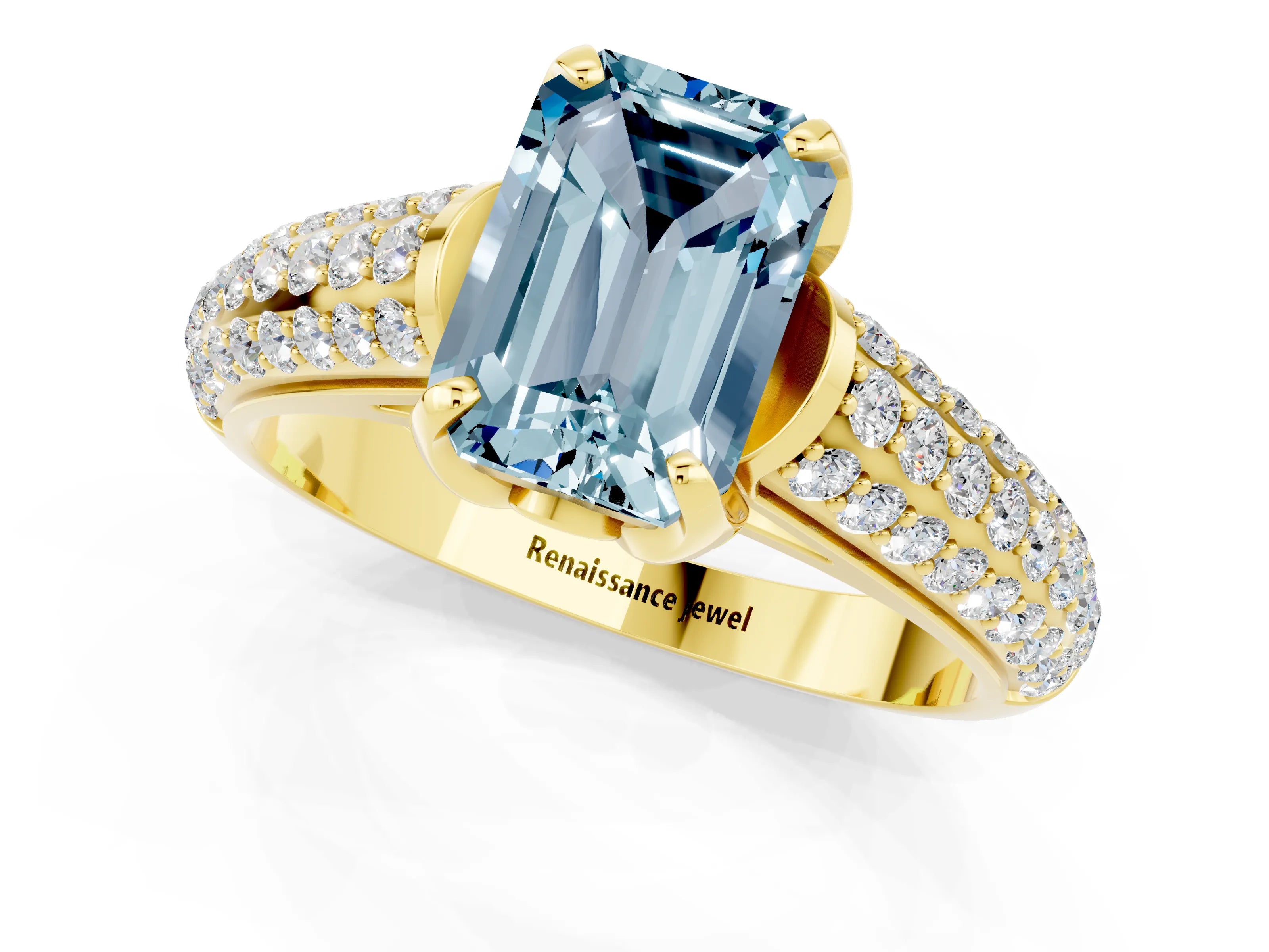 Yellow gold Emerald Cut Aquamarine Solitaire Ring with Three-Row Pavé Band and Four-Prong Setting_13