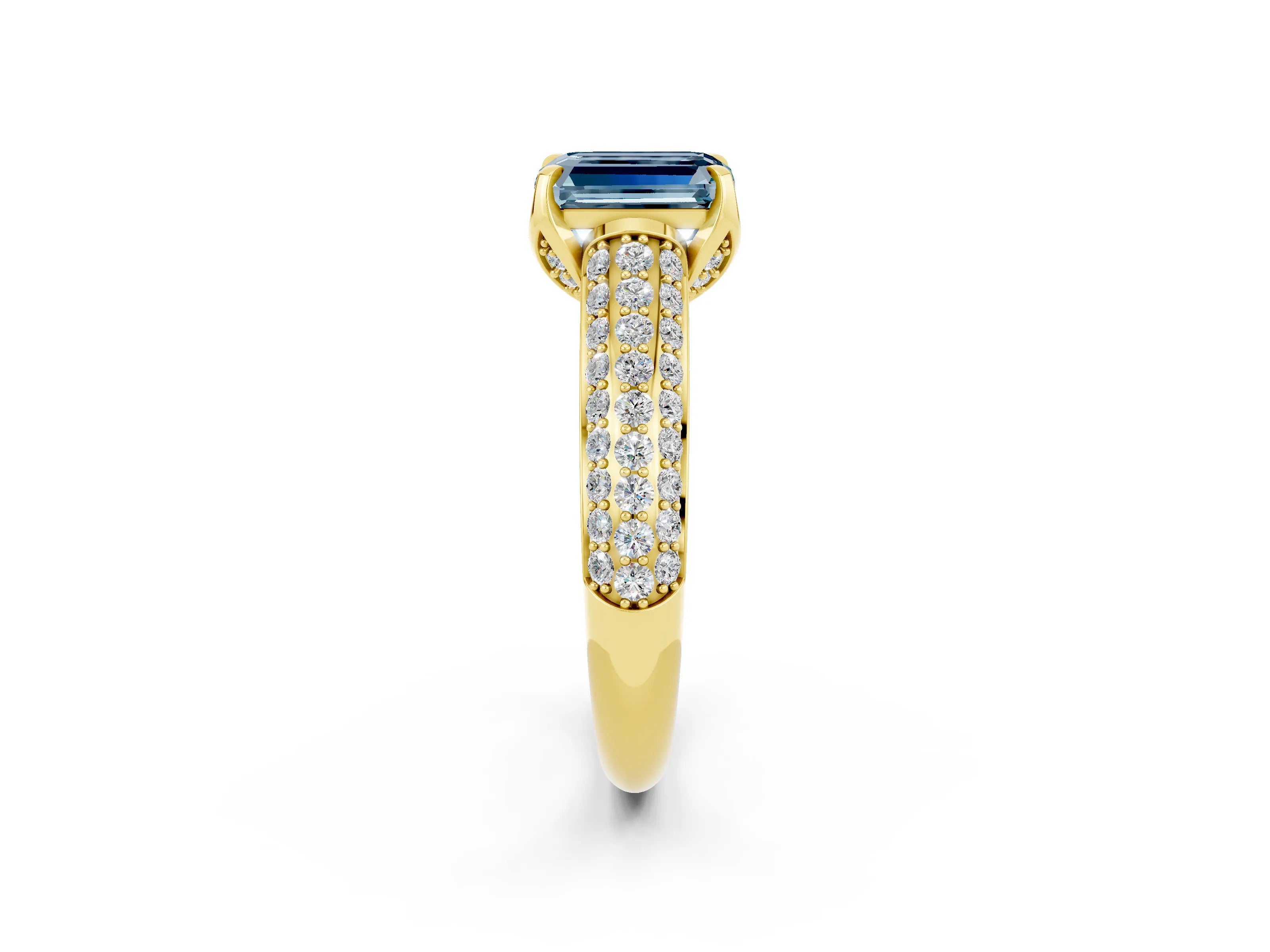 Yellow gold Emerald Cut Aquamarine Solitaire Ring with Three-Row Pavé Band and Four-Prong Setting_14