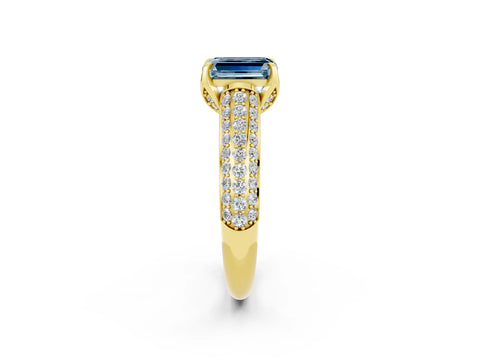Yellow gold Emerald Cut Aquamarine Solitaire Ring with Three-Row Pavé Band and Four-Prong Setting_14