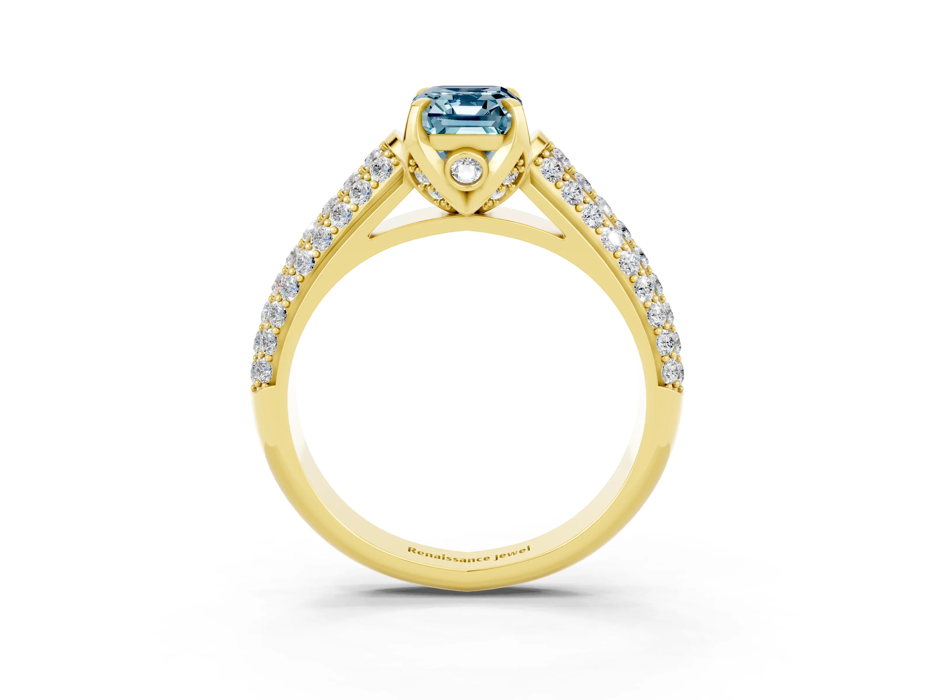 Yellow gold Emerald Cut Aquamarine Solitaire Ring with Three-Row Pavé Band and Four-Prong Setting_15