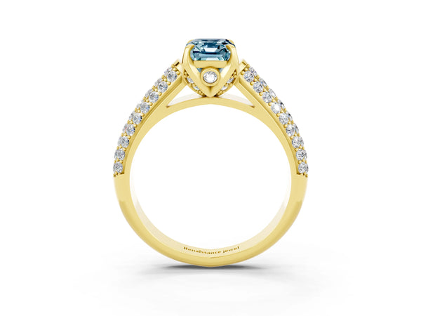 Yellow gold Emerald Cut Aquamarine Solitaire Ring with Three-Row Pavé Band and Four-Prong Setting