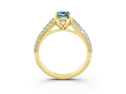 Yellow gold Emerald Cut Aquamarine Solitaire Ring with Three-Row Pavé Band and Four-Prong Setting_15