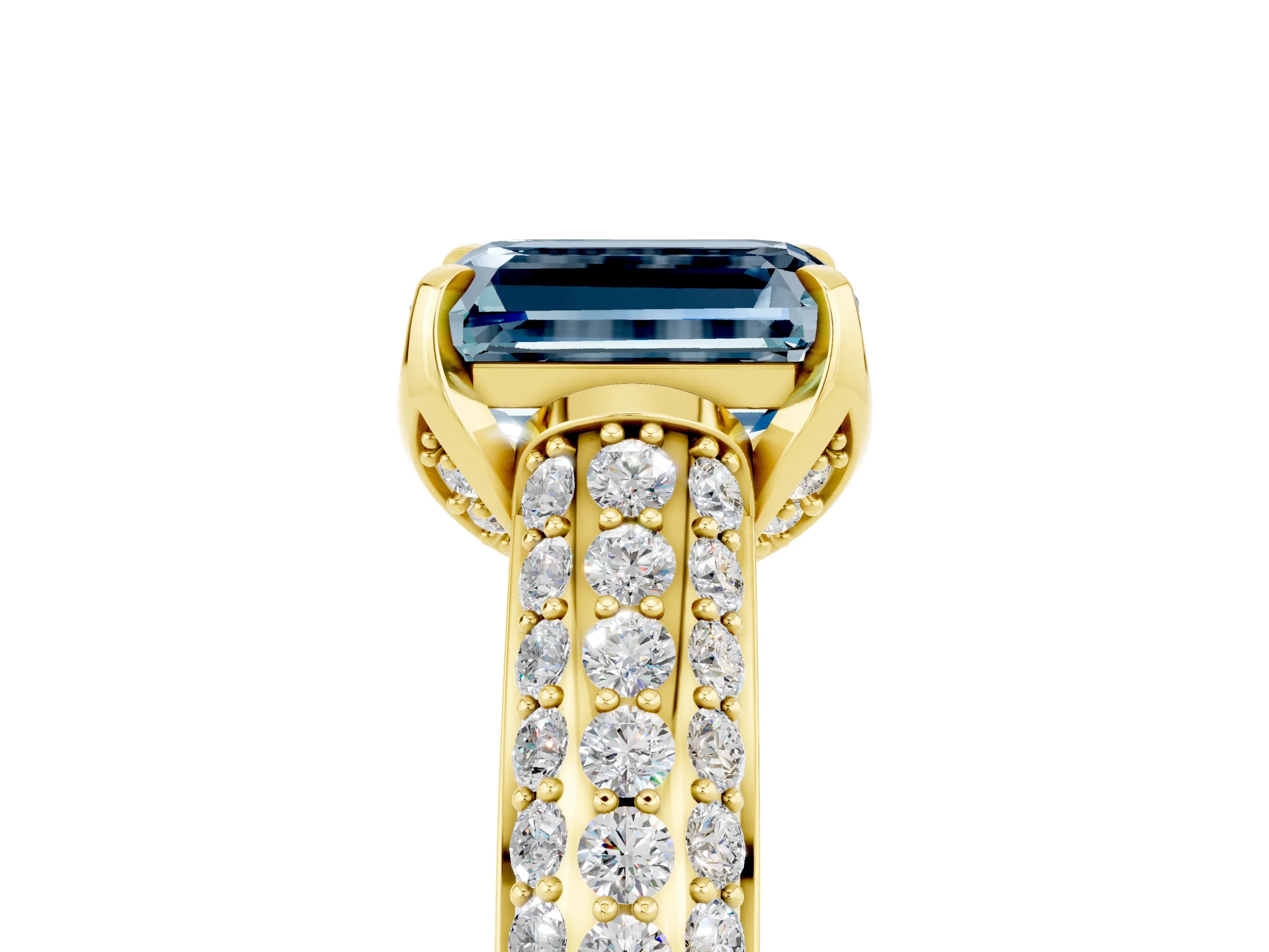 Yellow gold Emerald Cut Aquamarine Solitaire Ring with Three-Row Pavé Band and Four-Prong Setting_17