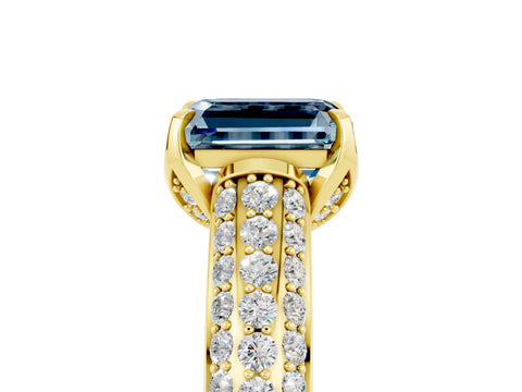 Yellow gold Emerald Cut Aquamarine Solitaire Ring with Three-Row Pavé Band and Four-Prong Setting_17