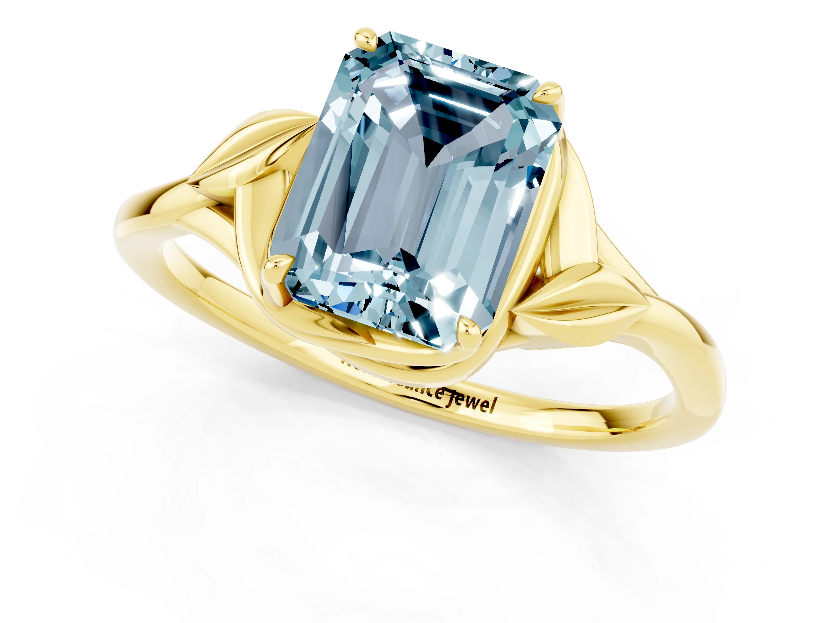 Yellow gold Emerald Cut Aquamarine Solitaire Ring with Twist Band and Four-Prong Setting_25