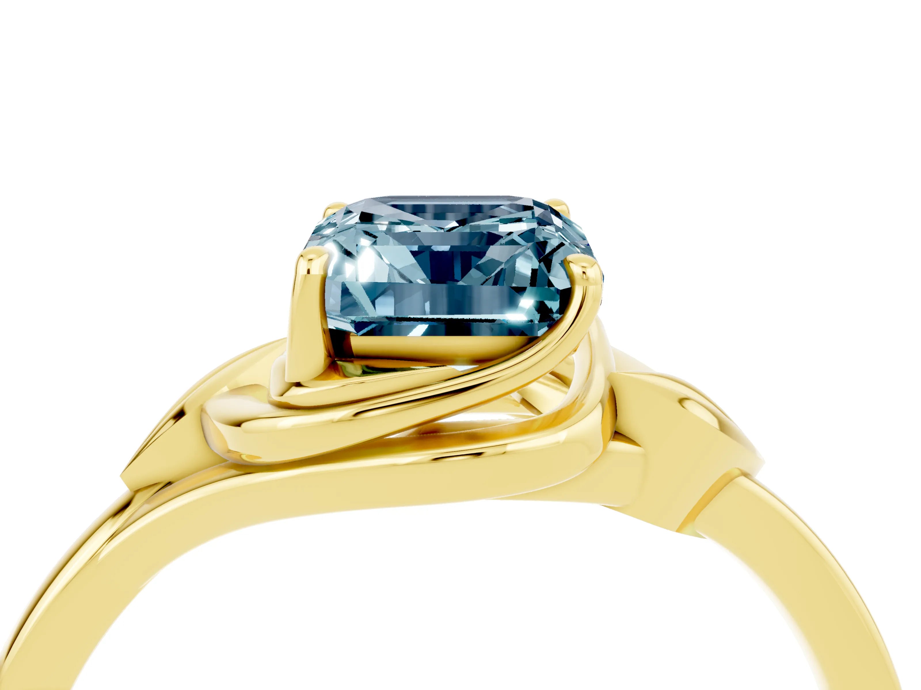 Yellow gold Emerald Cut Aquamarine Solitaire Ring with Twist Band and Four-Prong Setting_28