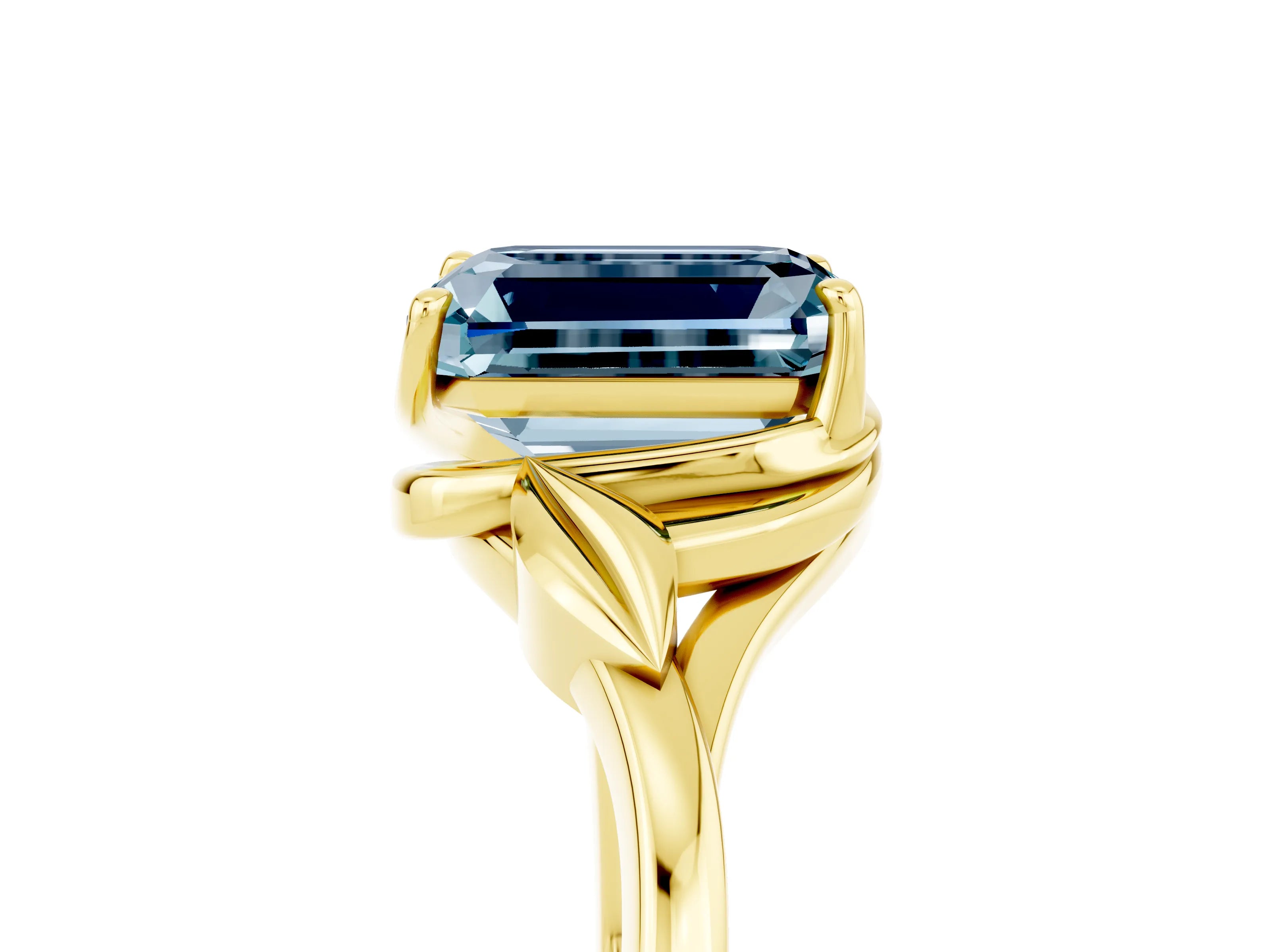 Yellow gold Emerald Cut Aquamarine Solitaire Ring with Twist Band and Four-Prong Setting_29