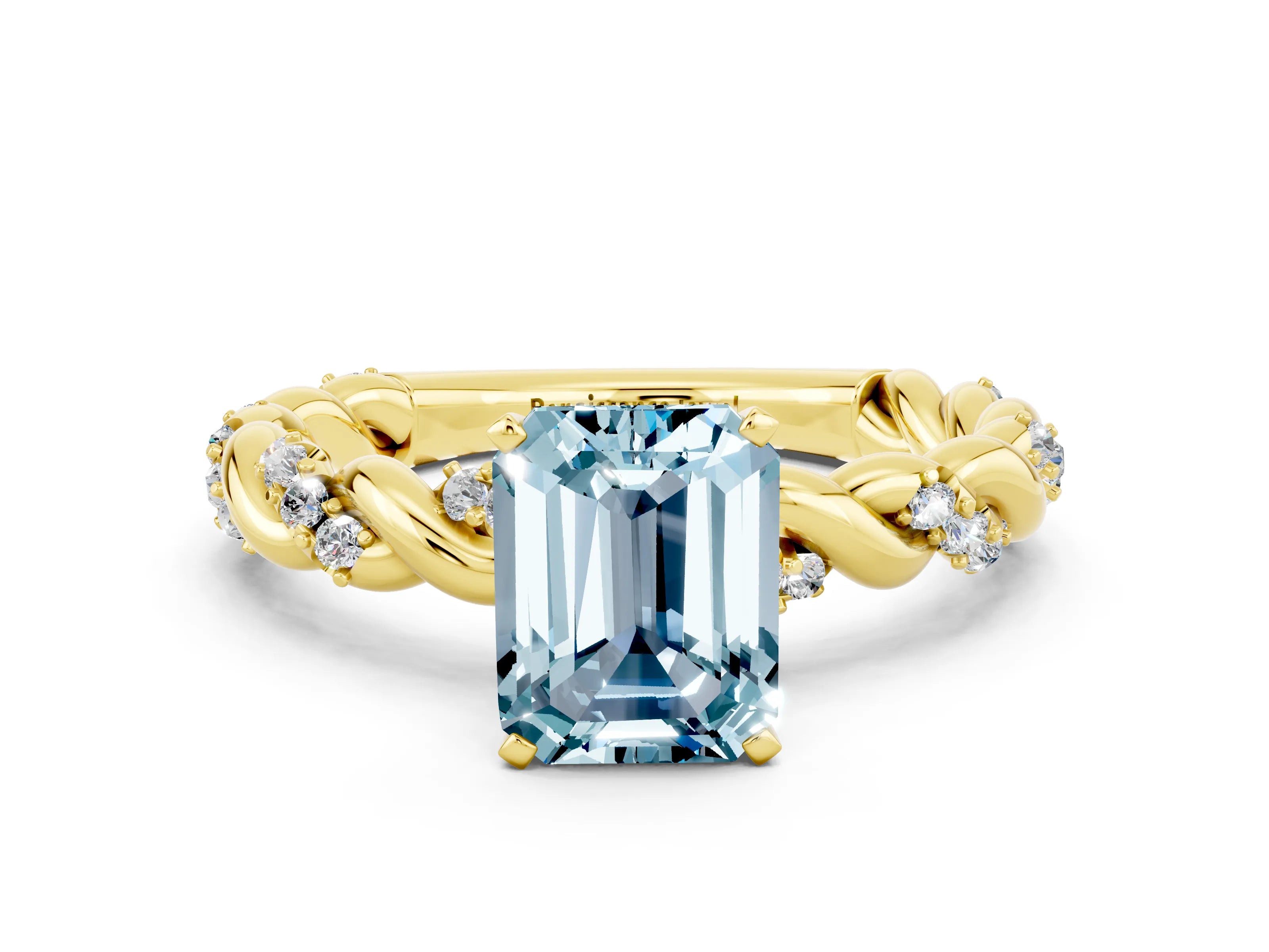 Yellow gold Emerald Cut Aquamarine Solitaire Ring with Twisted Band and Pavé Accents