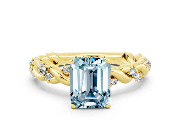 Yellow gold Emerald Cut Aquamarine Solitaire Ring with Twisted Band and Pavé Accents