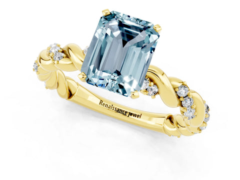 Yellow gold Emerald Cut Aquamarine Solitaire Ring with Twisted Band and Pavé Accents_1