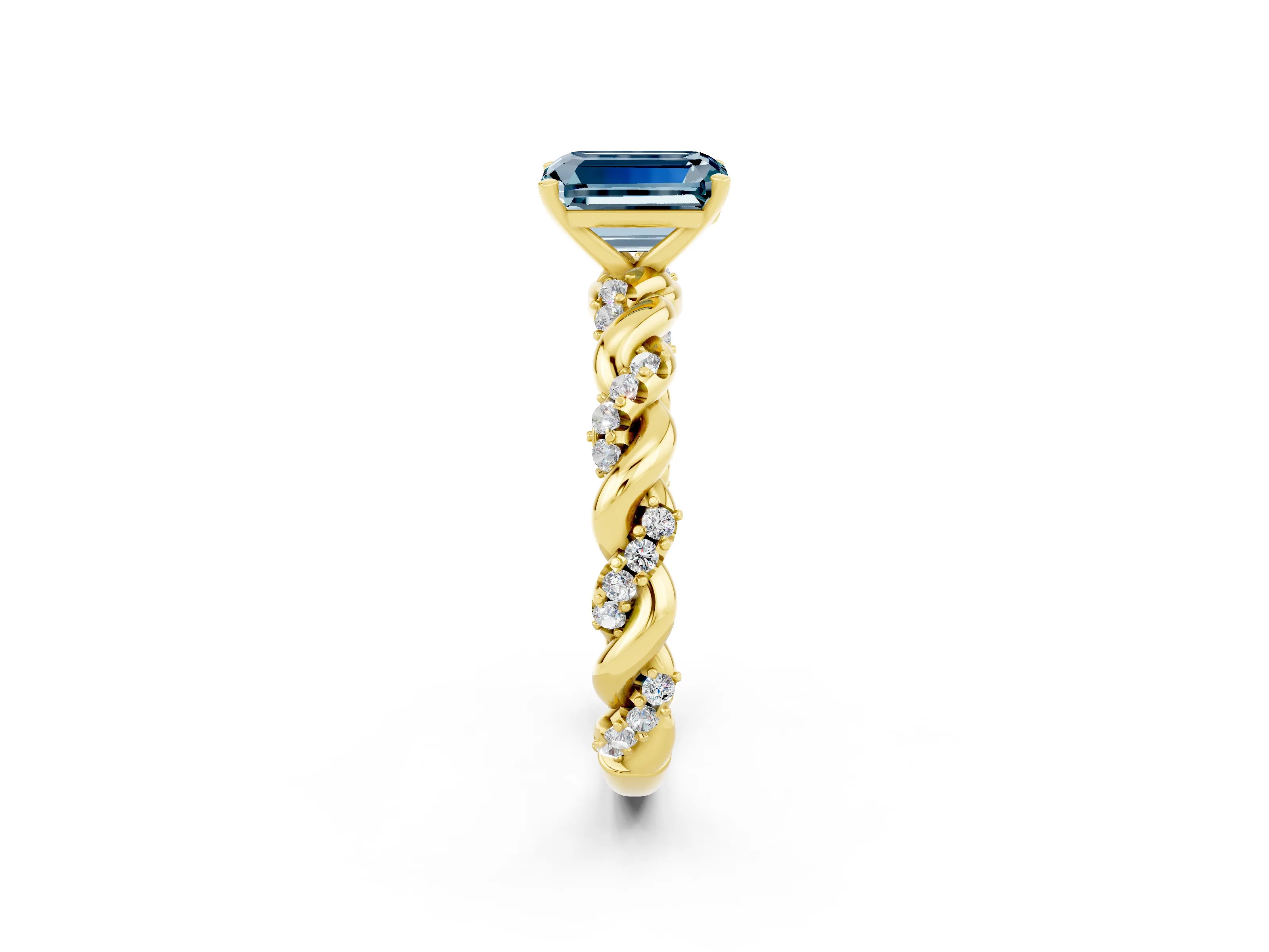 Yellow gold Emerald Cut Aquamarine Solitaire Ring with Twisted Band and Pavé Accents_2