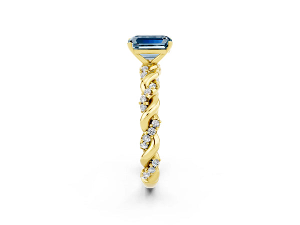 Yellow gold Emerald Cut Aquamarine Solitaire Ring with Twisted Band and Pavé Accents