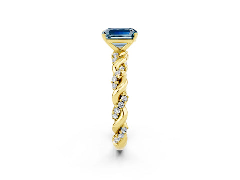 Yellow gold Emerald Cut Aquamarine Solitaire Ring with Twisted Band and Pavé Accents_2
