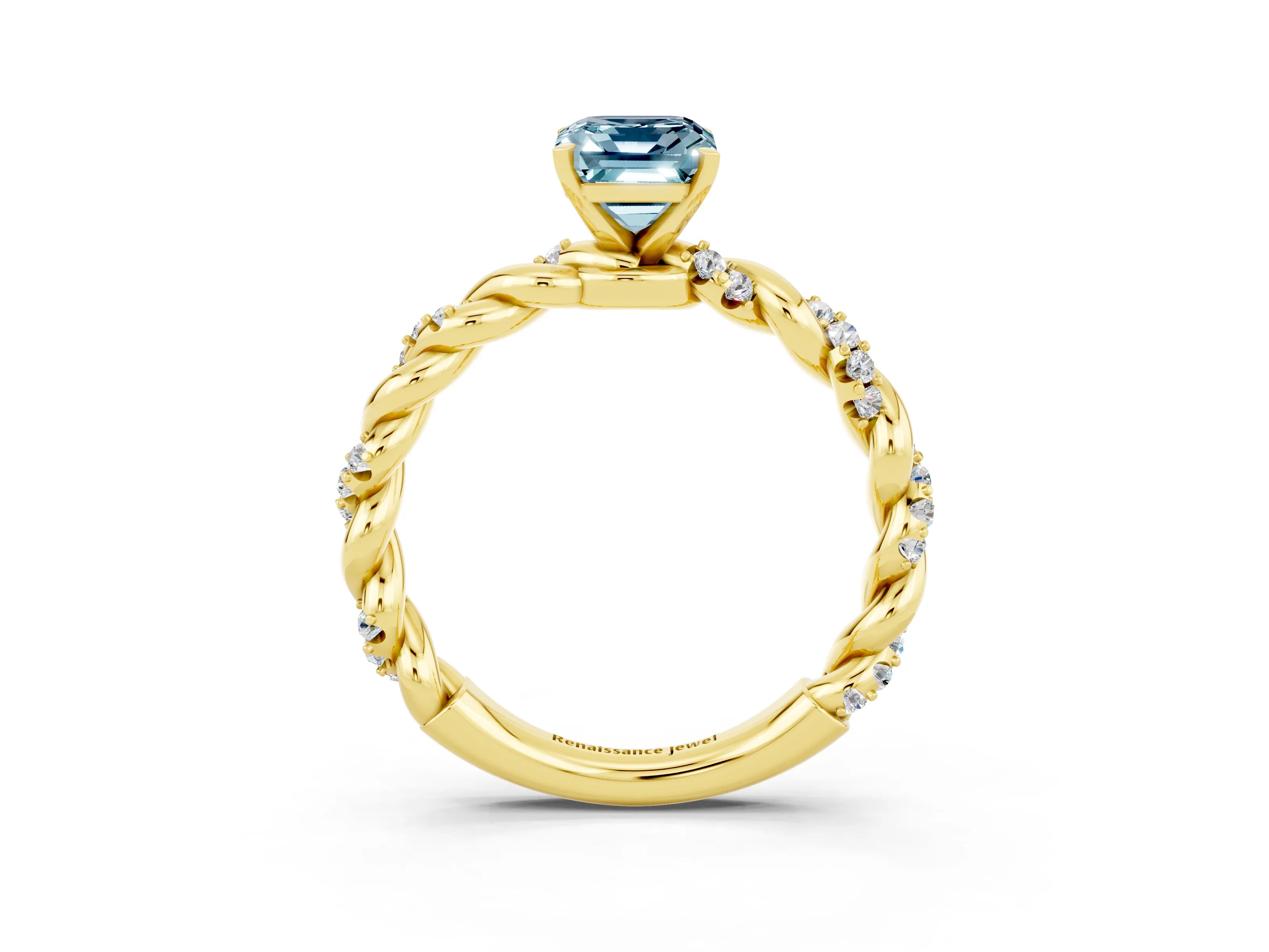 Yellow gold Emerald Cut Aquamarine Solitaire Ring with Twisted Band and Pavé Accents_3
