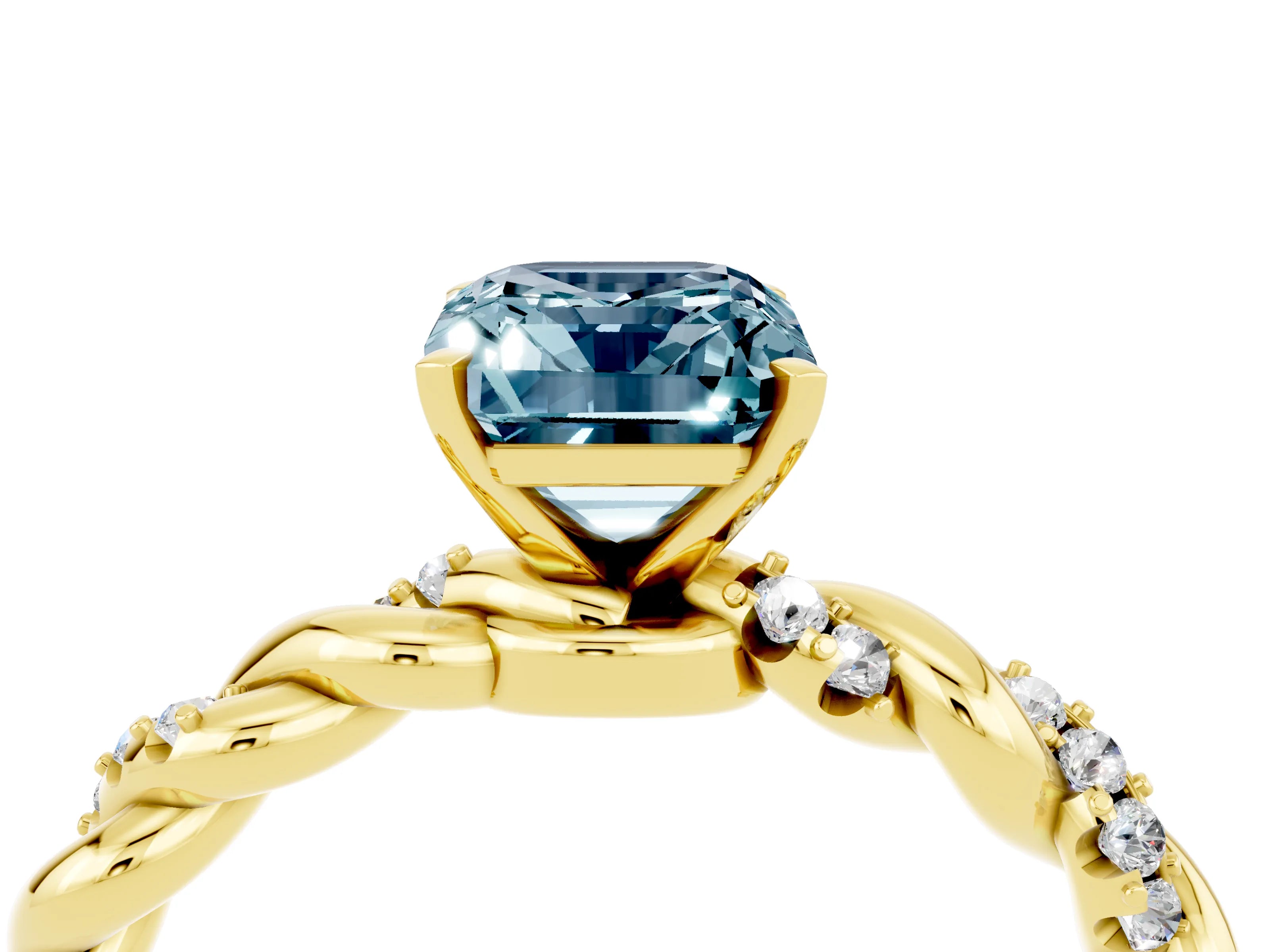 Yellow gold Emerald Cut Aquamarine Solitaire Ring with Twisted Band and Pavé Accents_4