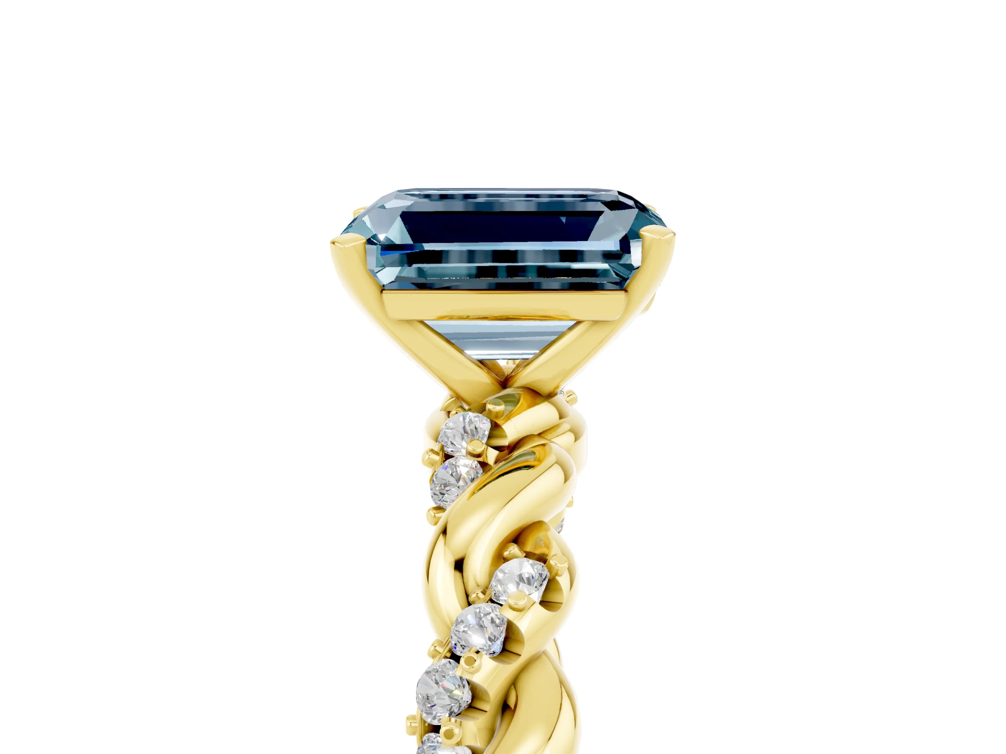 Yellow gold Emerald Cut Aquamarine Solitaire Ring with Twisted Band and Pavé Accents_5