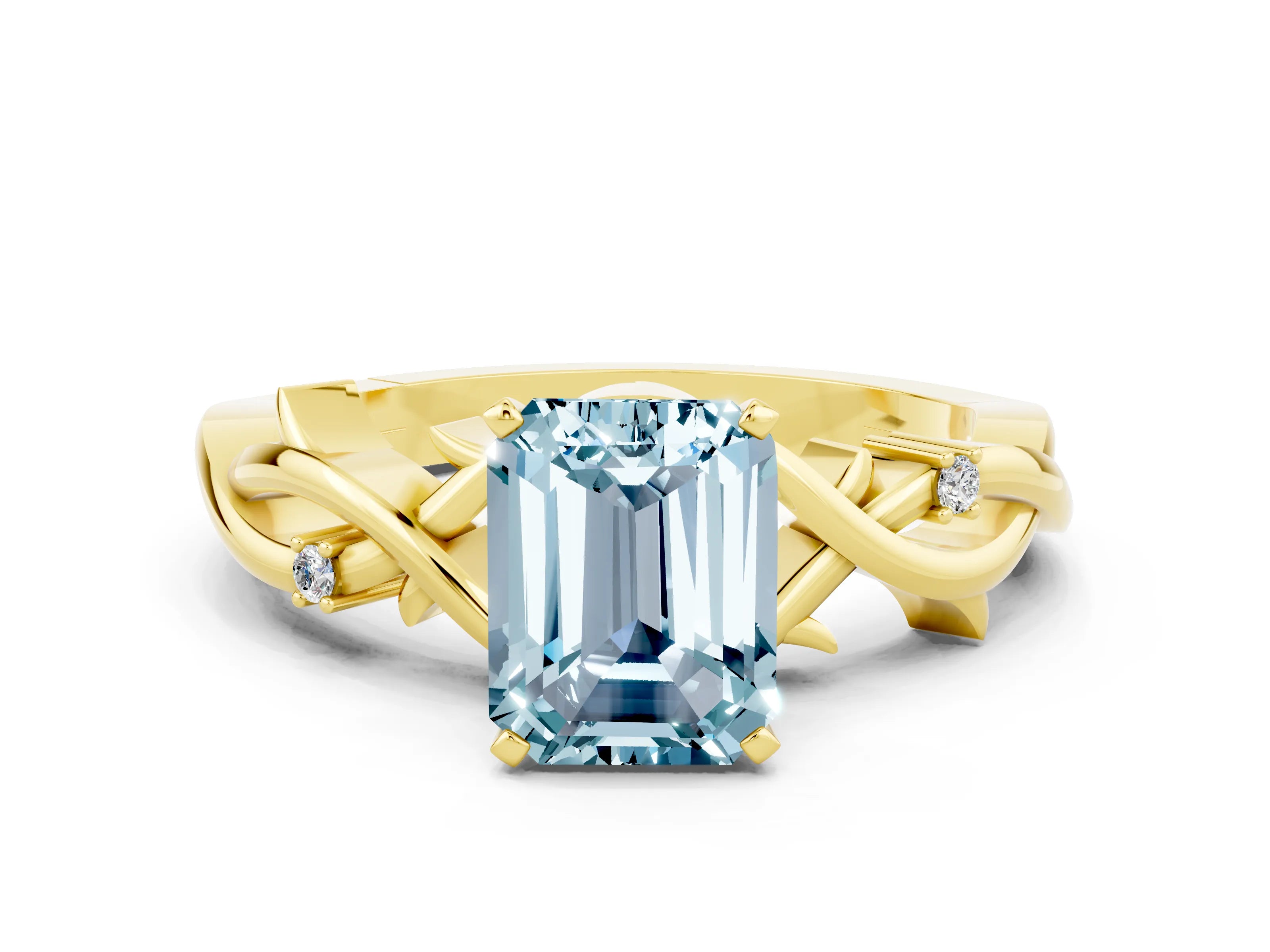 Yellow gold Emerald Cut Aquamarine Solitaire Ring with Twisted Band and Prong Setting
