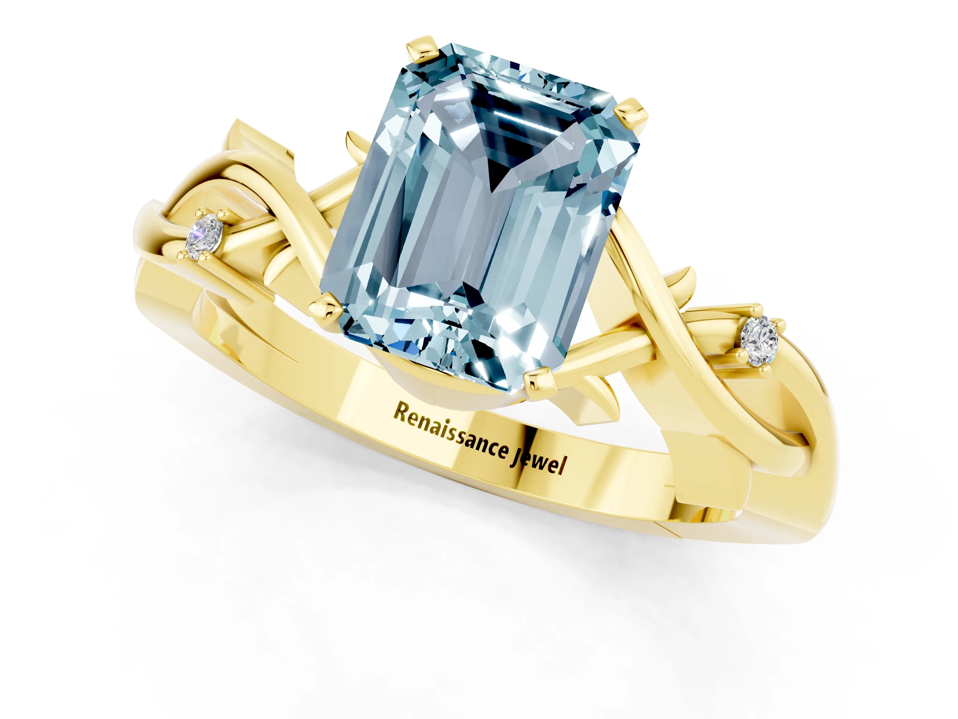 Yellow gold Emerald Cut Aquamarine Solitaire Ring with Twisted Band and Prong Setting_1