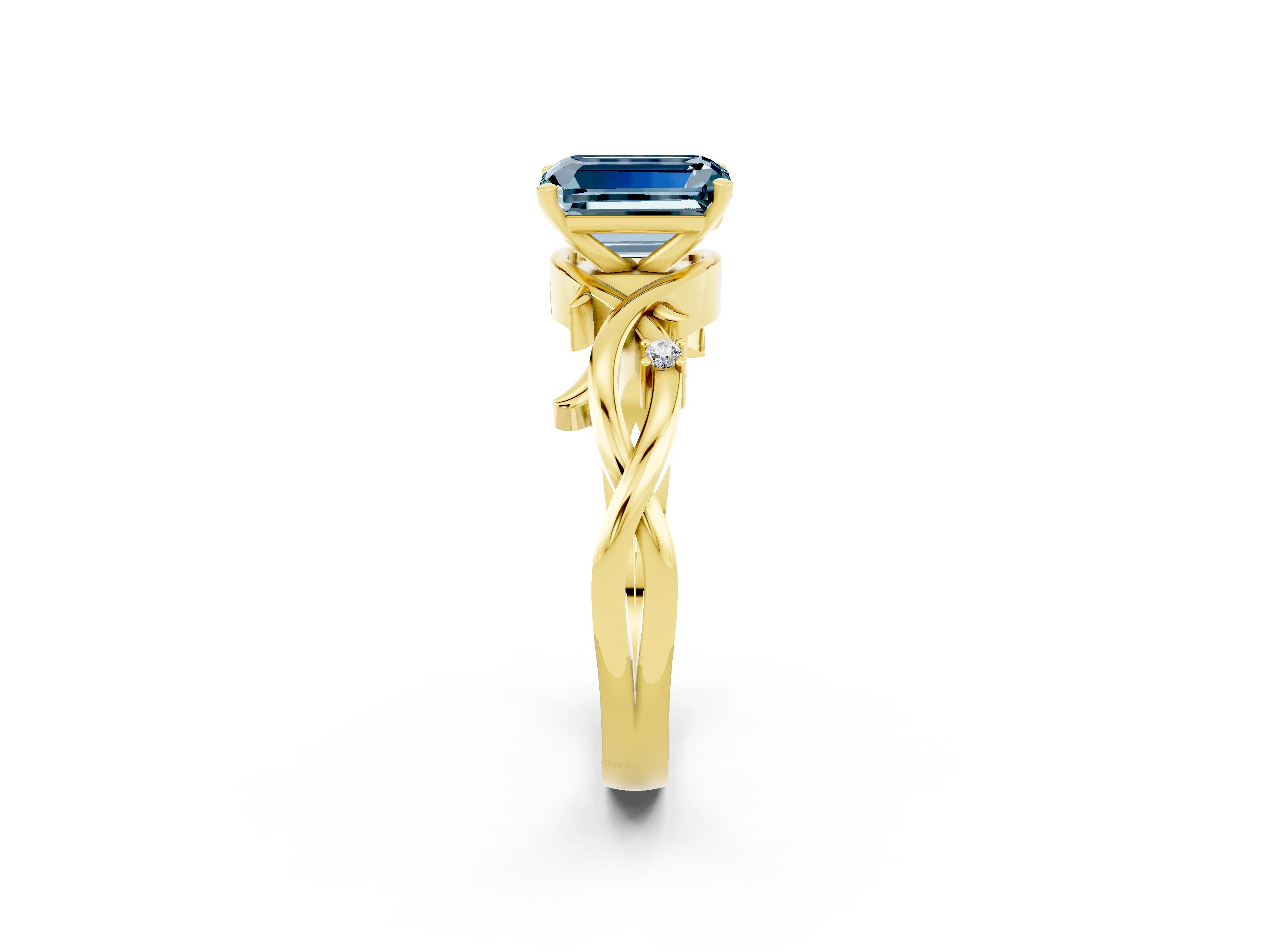 Yellow gold Emerald Cut Aquamarine Solitaire Ring with Twisted Band and Prong Setting_2