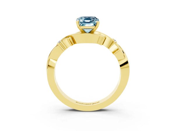Yellow gold Emerald Cut Aquamarine Solitaire Ring with Twisted Band and Prong Setting