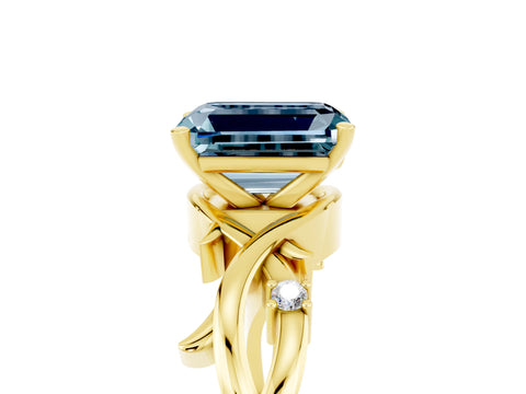 Yellow gold Emerald Cut Aquamarine Solitaire Ring with Twisted Band and Prong Setting_5