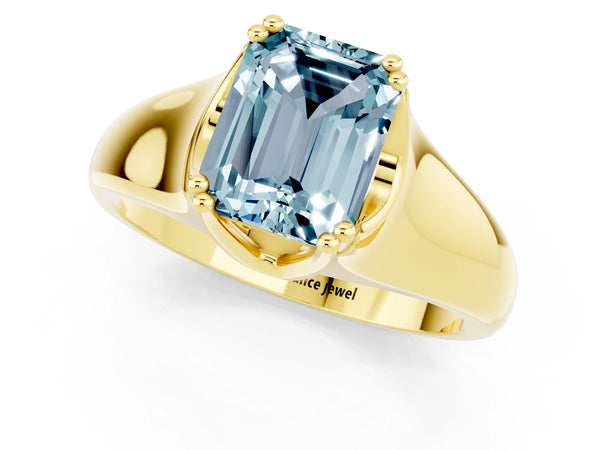Yellow gold Emerald Cut Aquamarine Solitaire Ring with Wide Band and Prong Setting