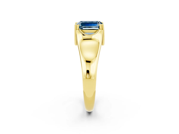 Yellow gold Emerald Cut Aquamarine Solitaire Ring with Wide Band and Prong Setting