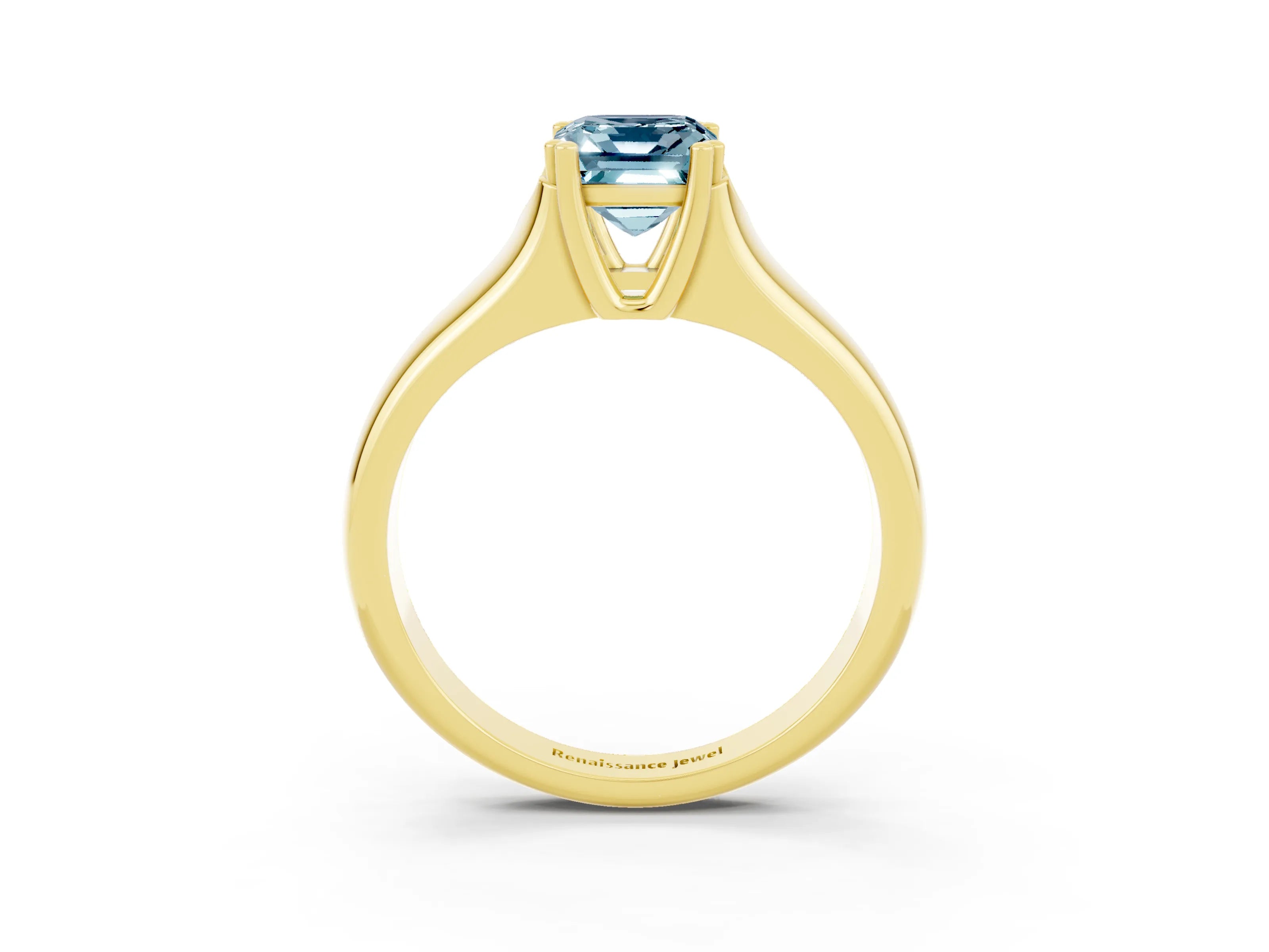 Yellow gold Emerald Cut Aquamarine Solitaire Ring with Wide Band and Prong Setting_3