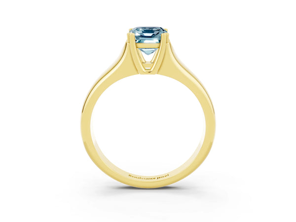 Yellow gold Emerald Cut Aquamarine Solitaire Ring with Wide Band and Prong Setting