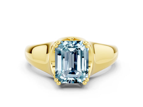 Yellow gold Emerald Cut Aquamarine Solitaire Ring with Wide Band and Prong Setting