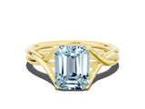 Yellow gold Emerald Cut Aquamarine Solitaire Twist Band Prong Setting Ring_36