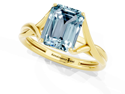 Yellow gold Emerald Cut Aquamarine Solitaire Twist Band Prong Setting Ring_37