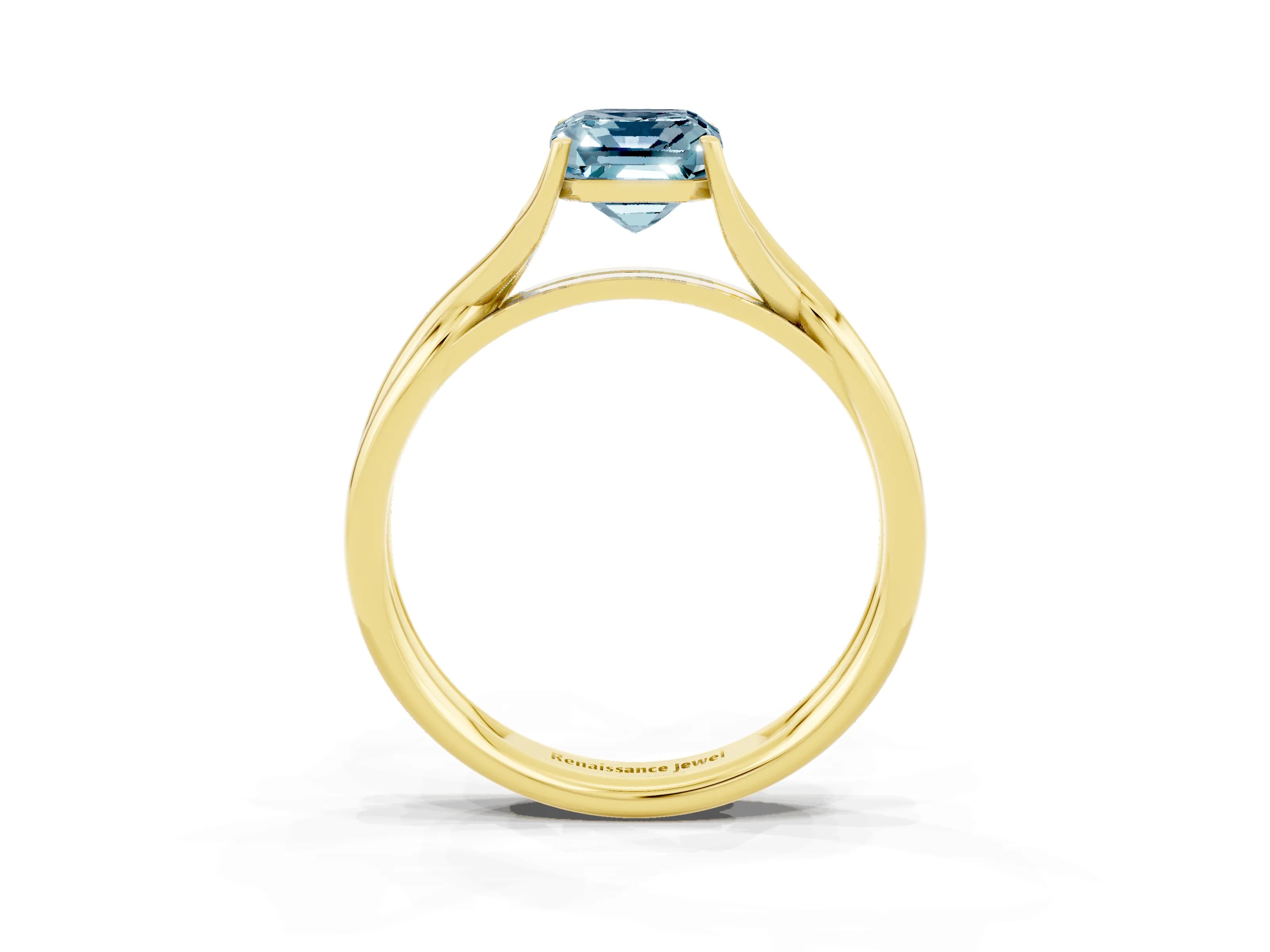 Yellow gold Emerald Cut Aquamarine Solitaire Twist Band Prong Setting Ring_39