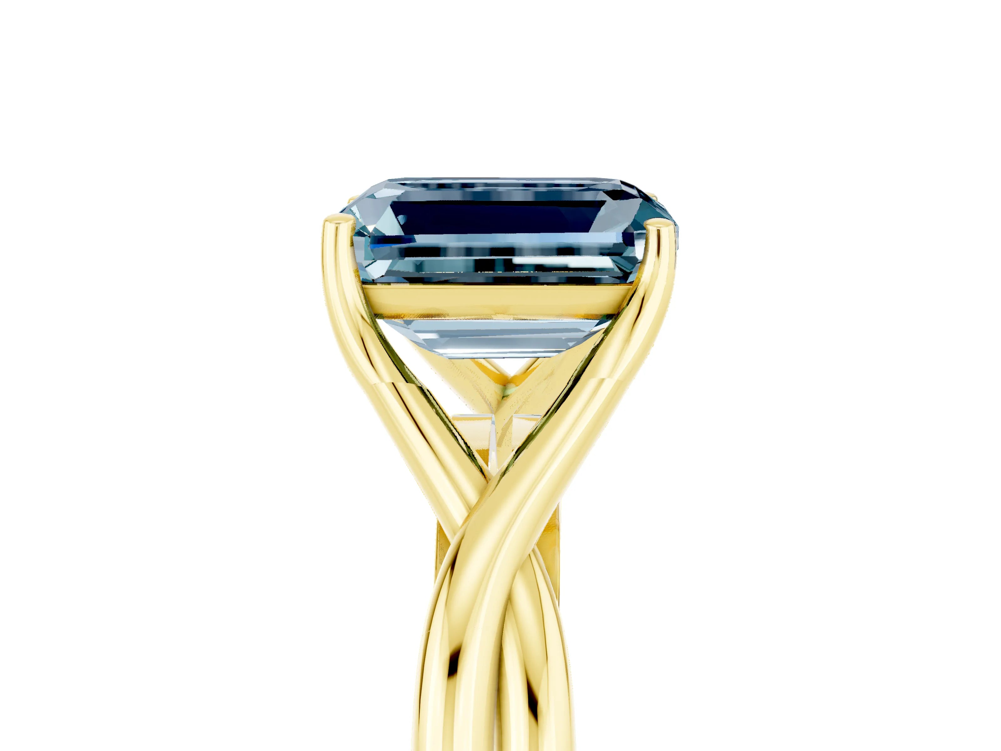 Yellow gold Emerald Cut Aquamarine Solitaire Twist Band Prong Setting Ring_41