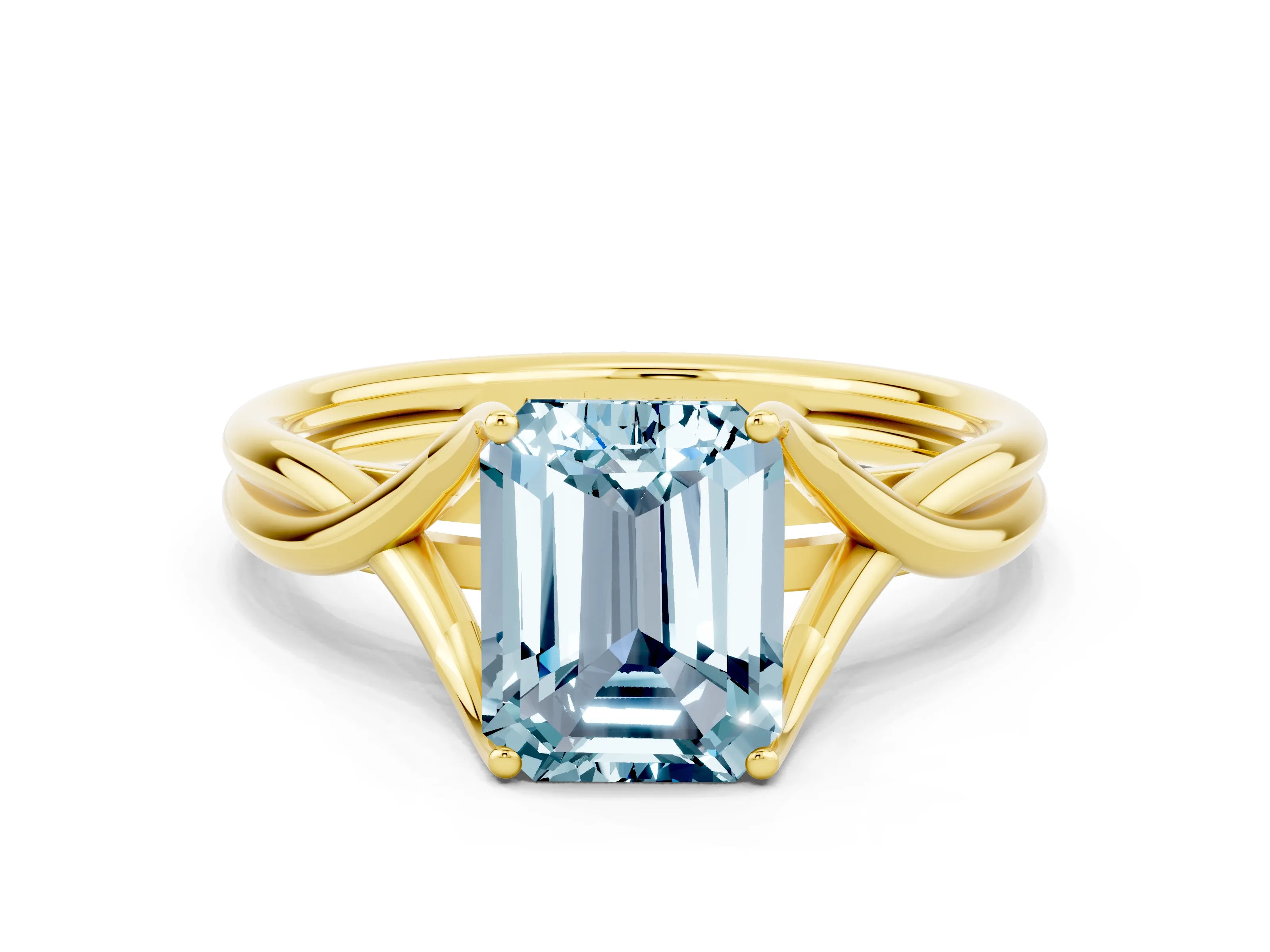 Yellow gold Emerald Cut Aquamarine Solitaire Twist Band Prong Setting Ring_42