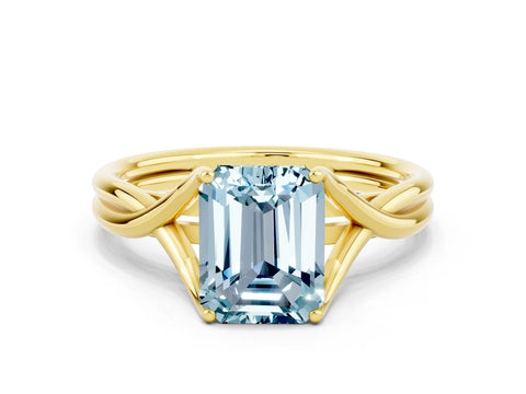 Yellow gold Emerald Cut Aquamarine Solitaire Twist Band Prong Setting Ring_42