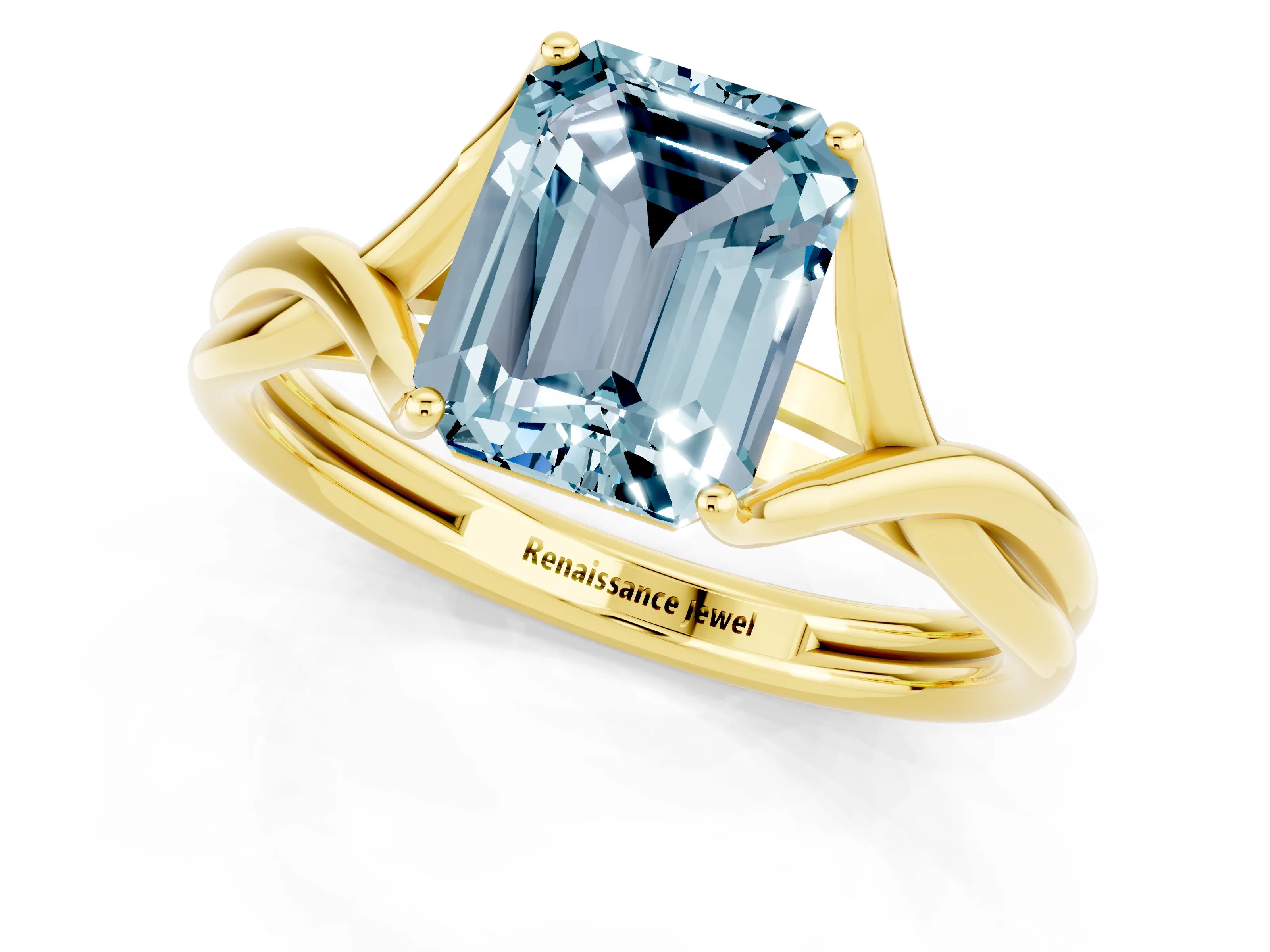 Yellow gold Emerald Cut Aquamarine Solitaire Twist Band Prong Setting Ring_43