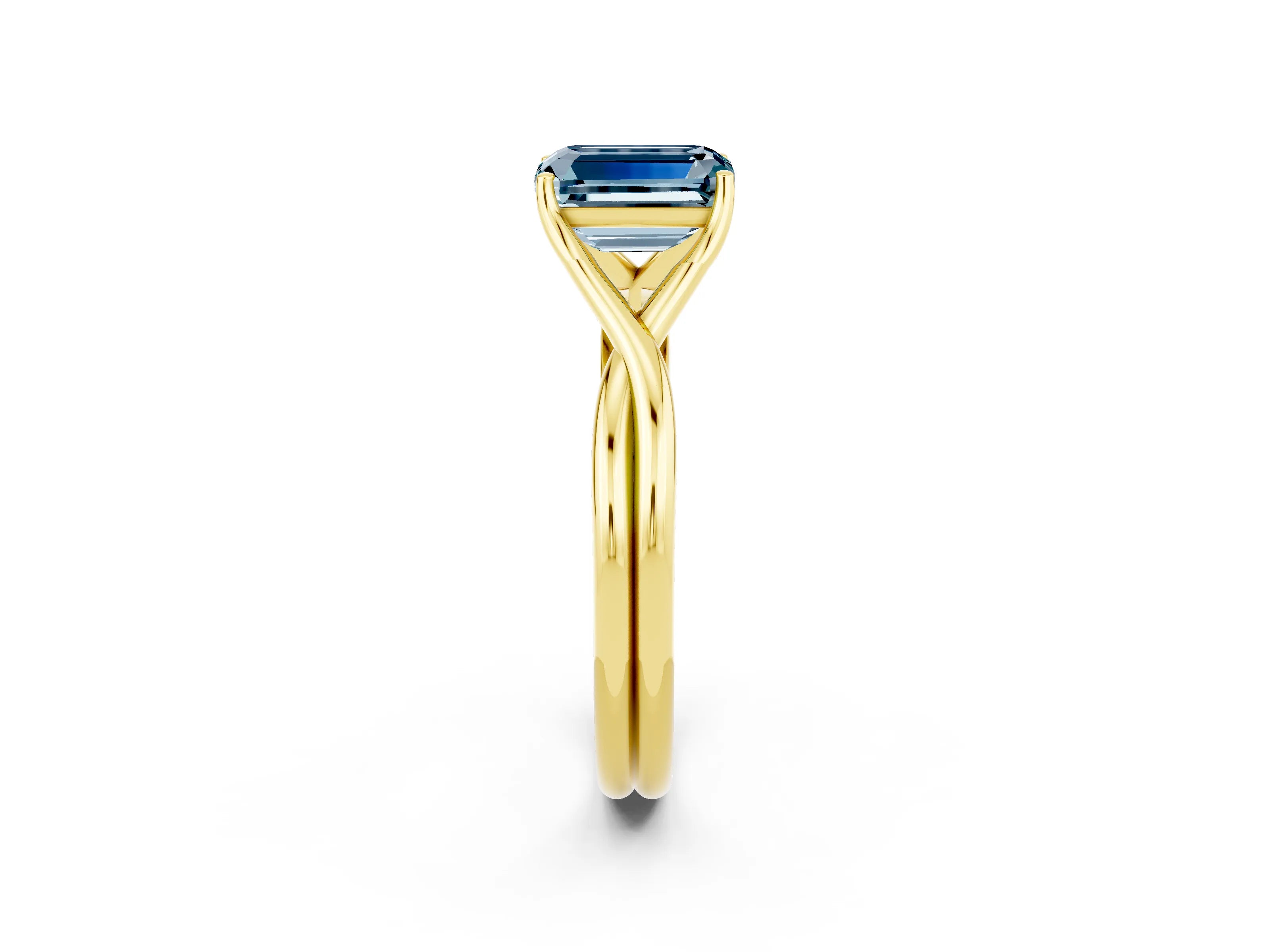 Yellow gold Emerald Cut Aquamarine Solitaire Twist Band Prong Setting Ring_44